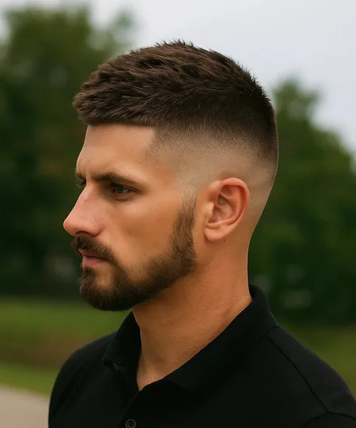 High fade crew cut with structured top and skin-level sides for masculine precision