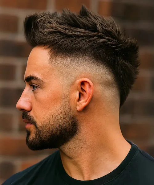 High fade faux hawk haircut with spiked top and tapered sides for edgy attitude