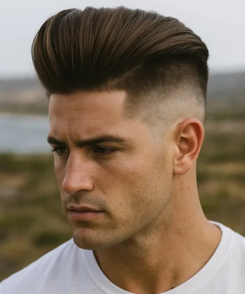 High fade haircut with long brushed back top and ultra-clean sides for high volume