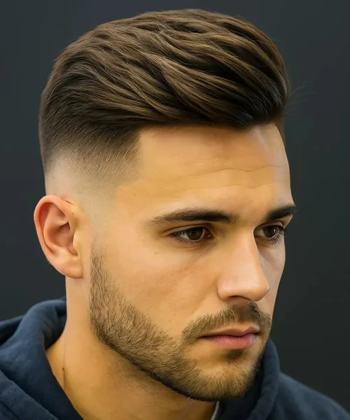 High fade haircut with long voluminous top and tight sides for bold contrast