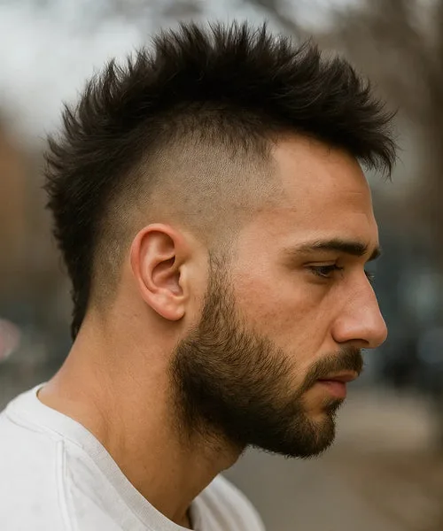 High fade mohawk haircut with textured top strip and sharp skin fade sides