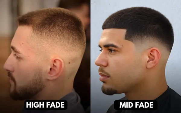 High fade vs mid fade haircut showing strong upper fade lines vs balanced taper at temple level