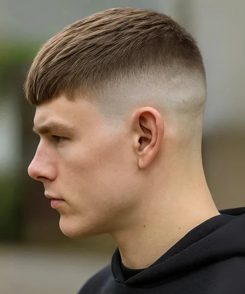 High skin fade haircut with shaved sides and textured top for a fresh, edgy style