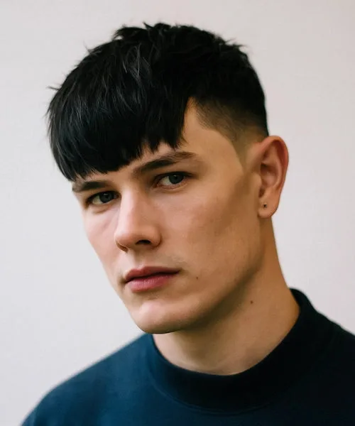 Long Caesar cut with defined fringe, faded sides, and layered textured top for bold volume