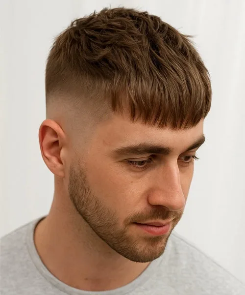 Modern Caesar haircut for men with blunt fringe, faded sides, and forward-styled textured top