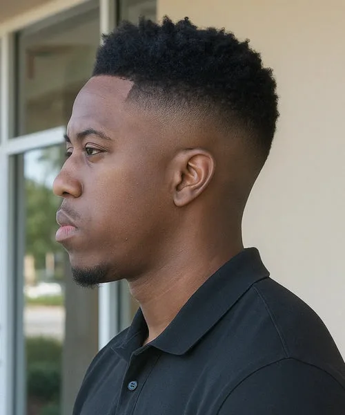 Temple fade haircut with clean taper around ears and voluminous top for modern edge