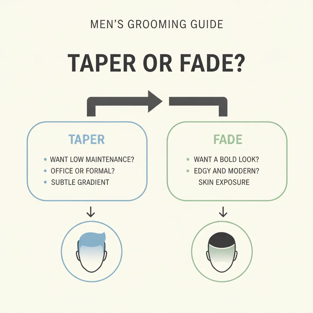 Decision guide showing how to choose between a taper and a fade based on maintenance, boldness and setting