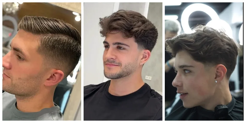 Low taper fade straight hair styles featuring comb over, quiff and brushed up looks side by side