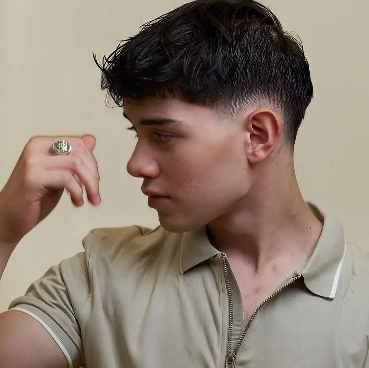 Low taper fade with a forward fringe on straight hair, sides kept tight