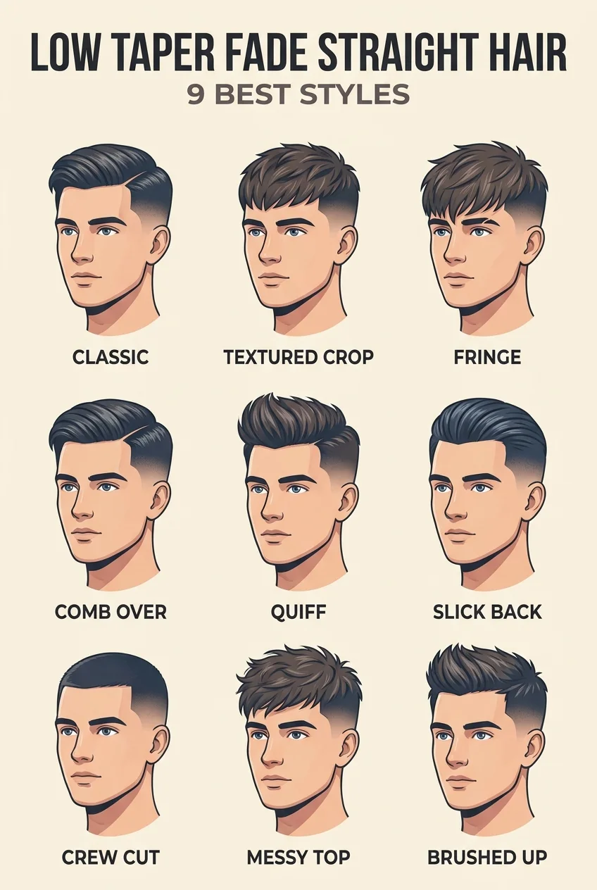 Low taper fade straight hair styles guide showing 9 best haircuts including classic, textured crop, fringe, comb over, quiff, slick back, crew cut, messy top and brushed up