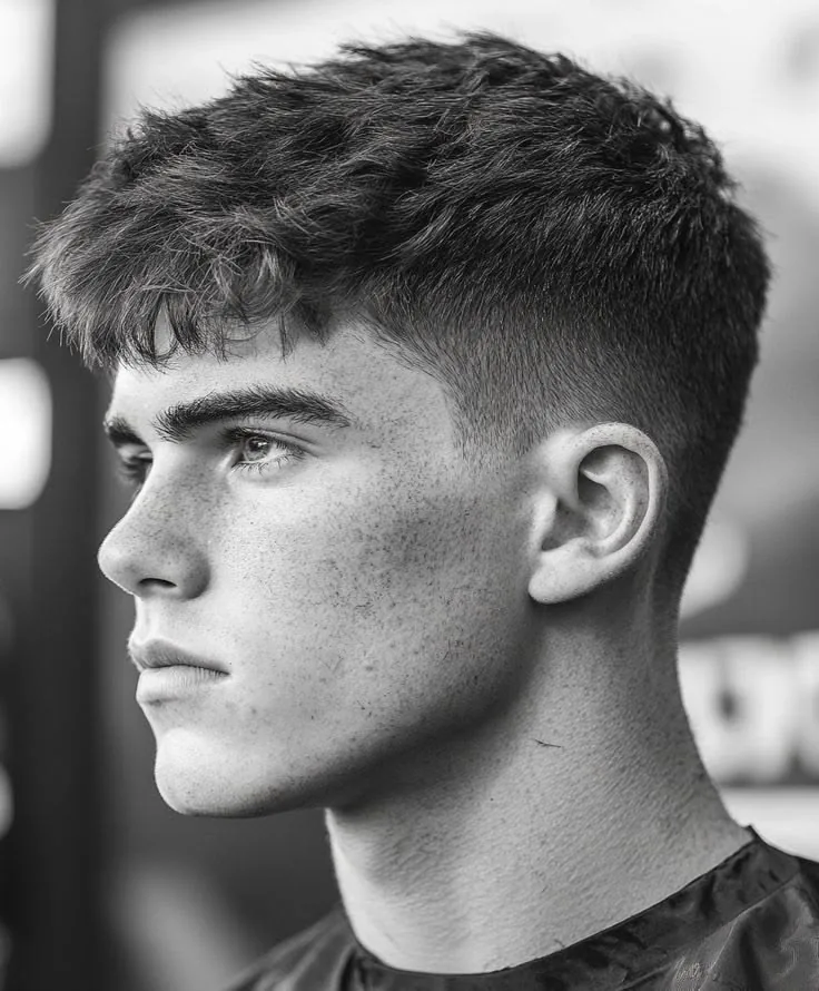 Textured crop low taper fade on straight hair with a choppy short top and low taper sides