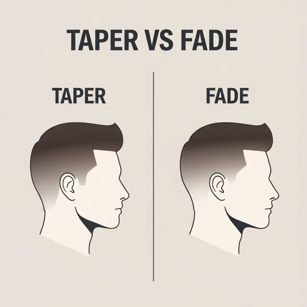Taper vs fade haircut comparison illustration showing a taper on the left keeping hair at the edges and a fade on the right blending to skin