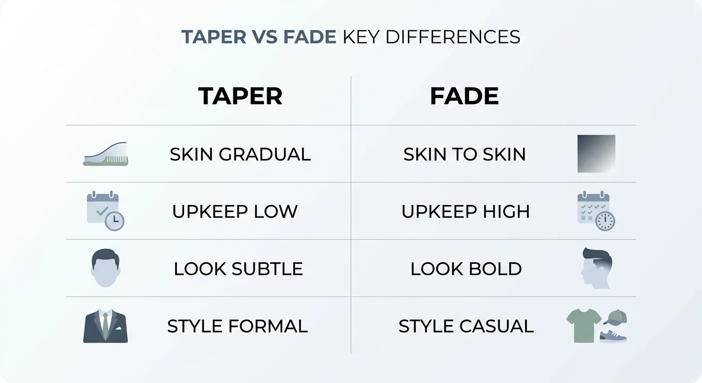 Infographic comparing taper and fade haircuts across skin exposure, maintenance, boldness and formality
