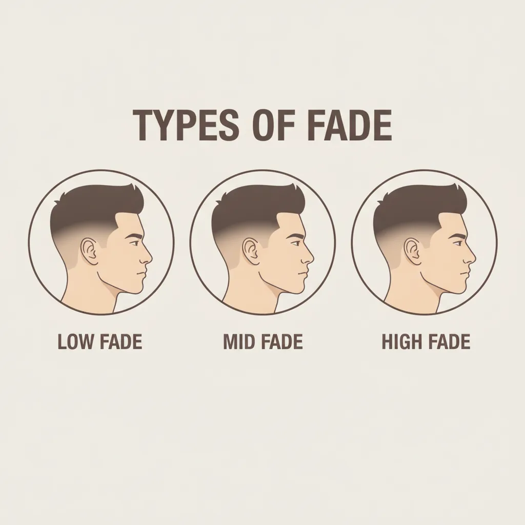 Chart showing low fade, mid fade and high fade haircut types with the fade starting at different heights