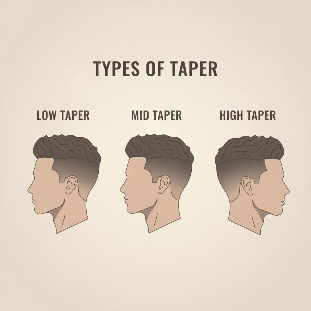 Chart showing low taper, mid taper and high taper haircut variations around the ear and neckline