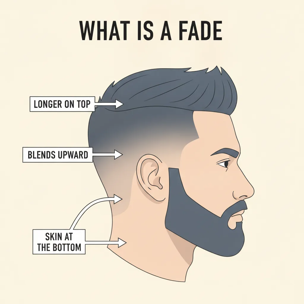 Diagram of a fade haircut showing hair blending from bare skin at the bottom up to longer hair on top