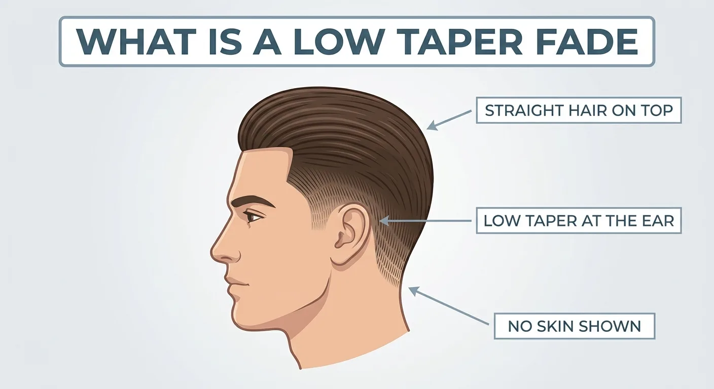 Diagram showing what a low taper fade looks like on straight hair, with longer straight hair on top and a low taper blending near the ear without exposing skin