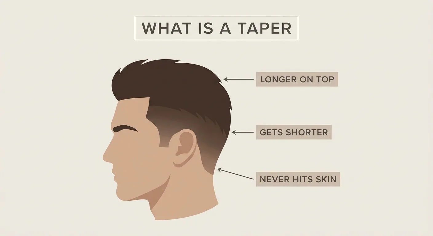 Diagram of a taper haircut showing hair gradually shortening at the sideburns and neckline without exposing skin